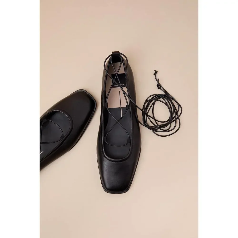 Dolce Vita Ryder Black Leather Lace-Up Ballet Flats - Picture 3 of 6